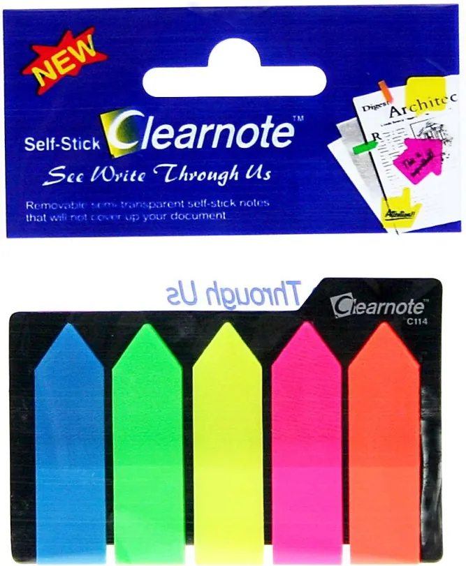 Hopax Stick index plastic transparent color 42 x 12 mm, 5 x 25 file/set, Stick'n - 5 culori neon - sageata