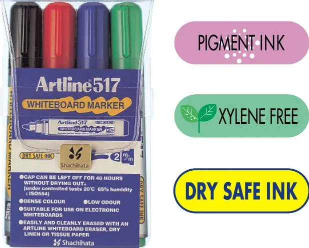 Artline Marker pentru tabla de scris Artline 517 - Dry safe ink, varf rotund 2.0mm, 6 culori/set