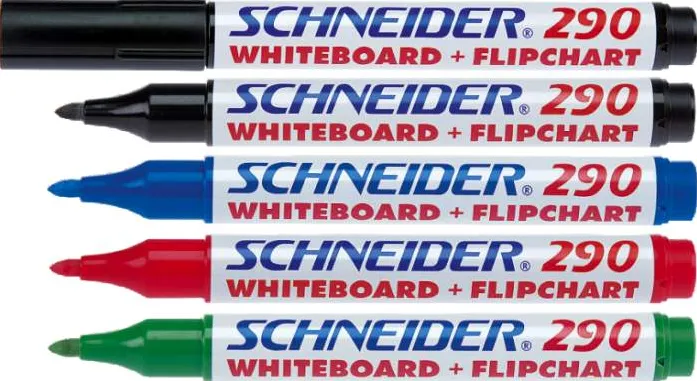 Schneider Marker Schneider Maxx 290, pentru tabla de scris+flipchart, varf rotund 2-3mm, 4 cul/set - (N,R,A,V)