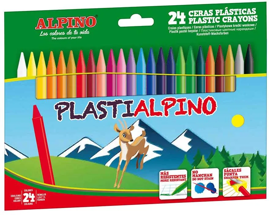 Alpino Creioane cerate din plastic, cutie carton, 24 culori/cutie, Plasti ALPINO
