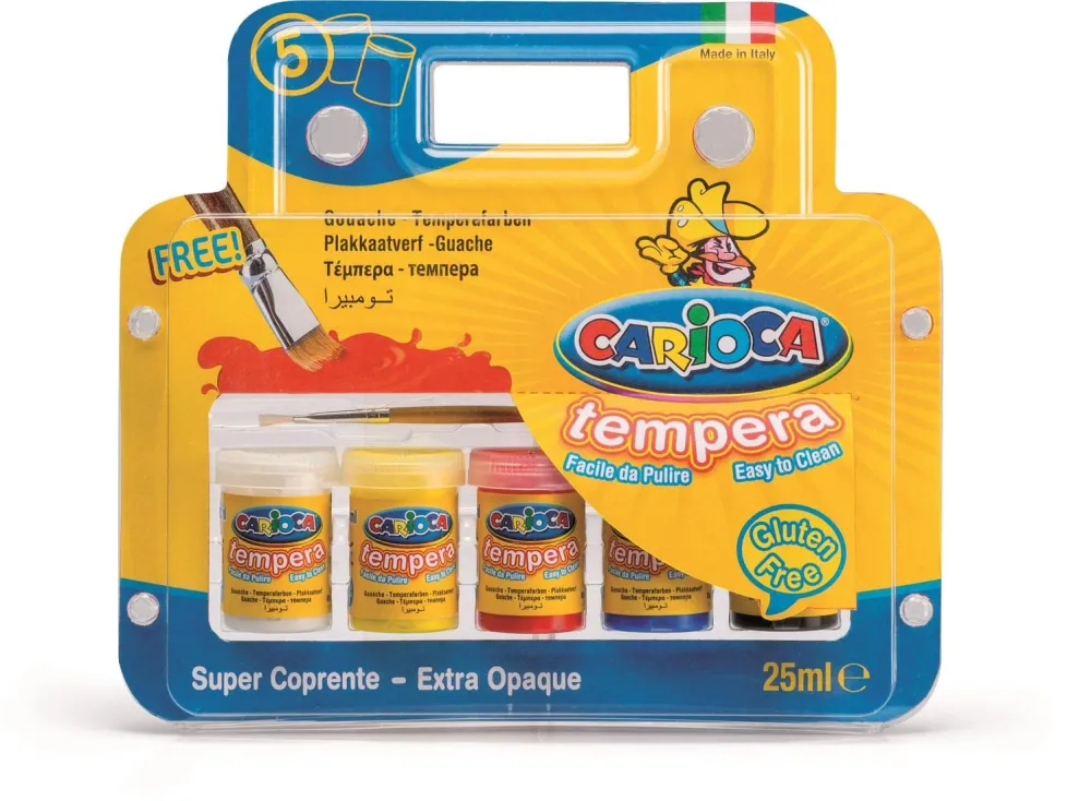 Carioca Tempera lavabila, 5 culori x 25ml/set + pensula gratis, CARIOCA
