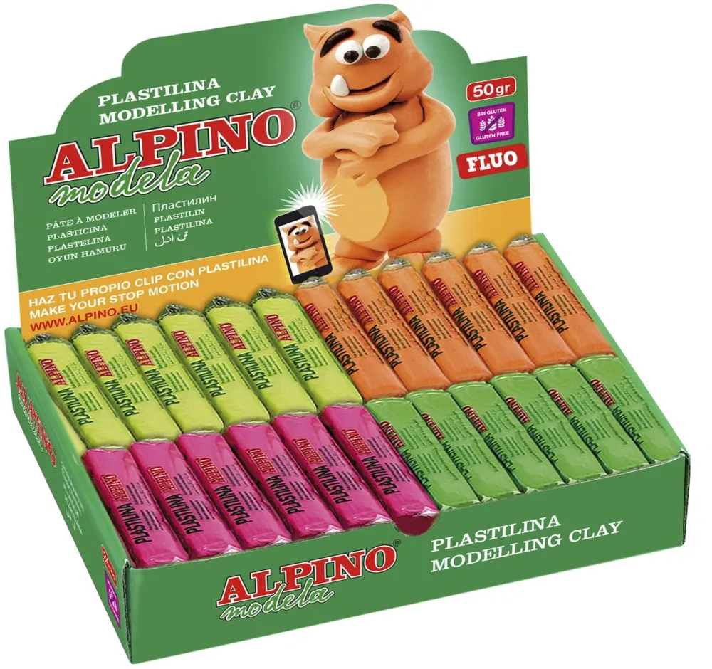 Alpino Display plastilina fluorescenta, 24 x 50gr./display, ALPINO - 6 culori asortate