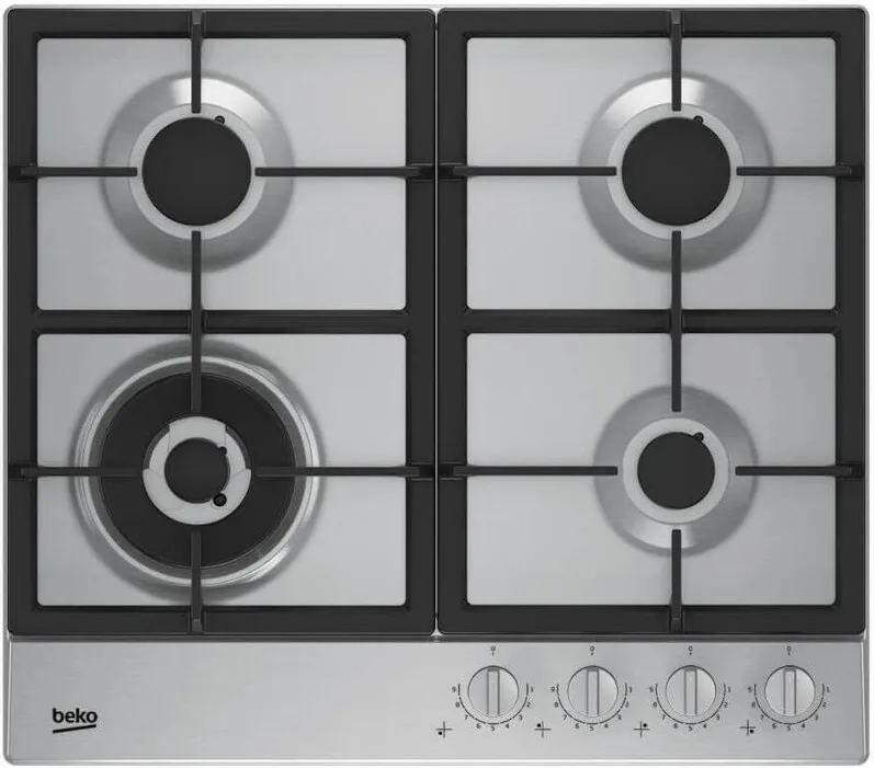 Plita BEKO incorporabila HIAW64325SX, Gaz, 4 arzatoare, FlameAdjust, Arzator wok, Gratare fonta, 60 cm, Inox
