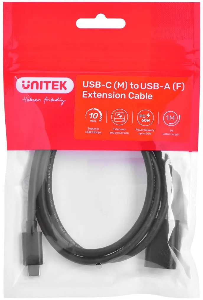 Adaptor Unitek Cable (C476BK-1M) USB-C (M) - USB-A (F) 10Gbps 60 W