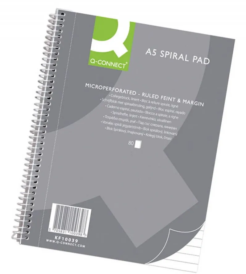 Q-CONNECT Caiet cu spirala, A5, 80 file - 70g/mp, 4 perf., coperti carton, Q-Connect - dictando