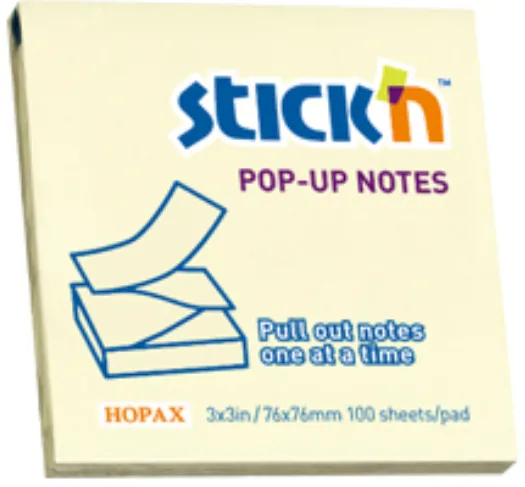 Hopax Notes autoadeziv 76 x 76 mm, cu dispenser, 100 file, Stick"n Pop-up – galben pastel