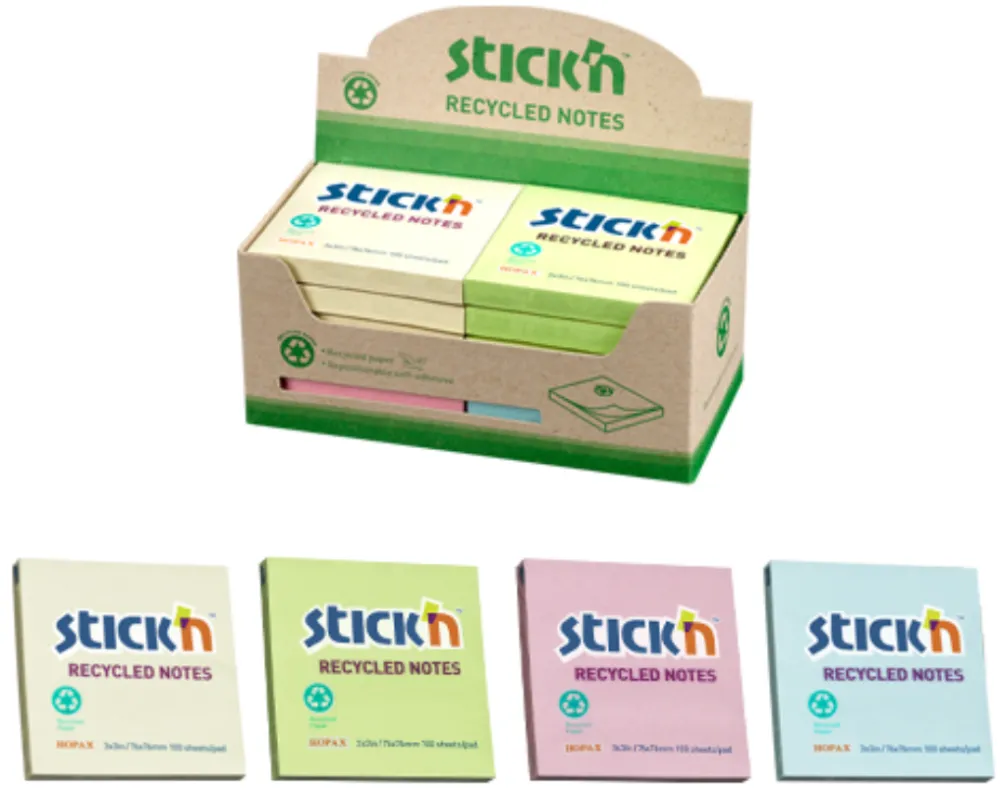 Hopax Notes autoadeziv 76 x 76 mm, hartie reciclata, 100 file, 12 buc/cutie, Stick"n – galben pastel