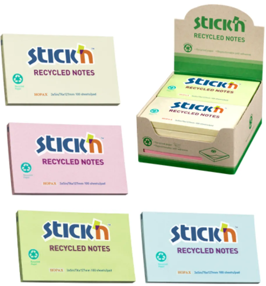 Hopax Notes autoadeziv 76 x 127 mm, hartie reciclata, 100 file, 12 buc/cutie, Stick"n – 4 culori pastel