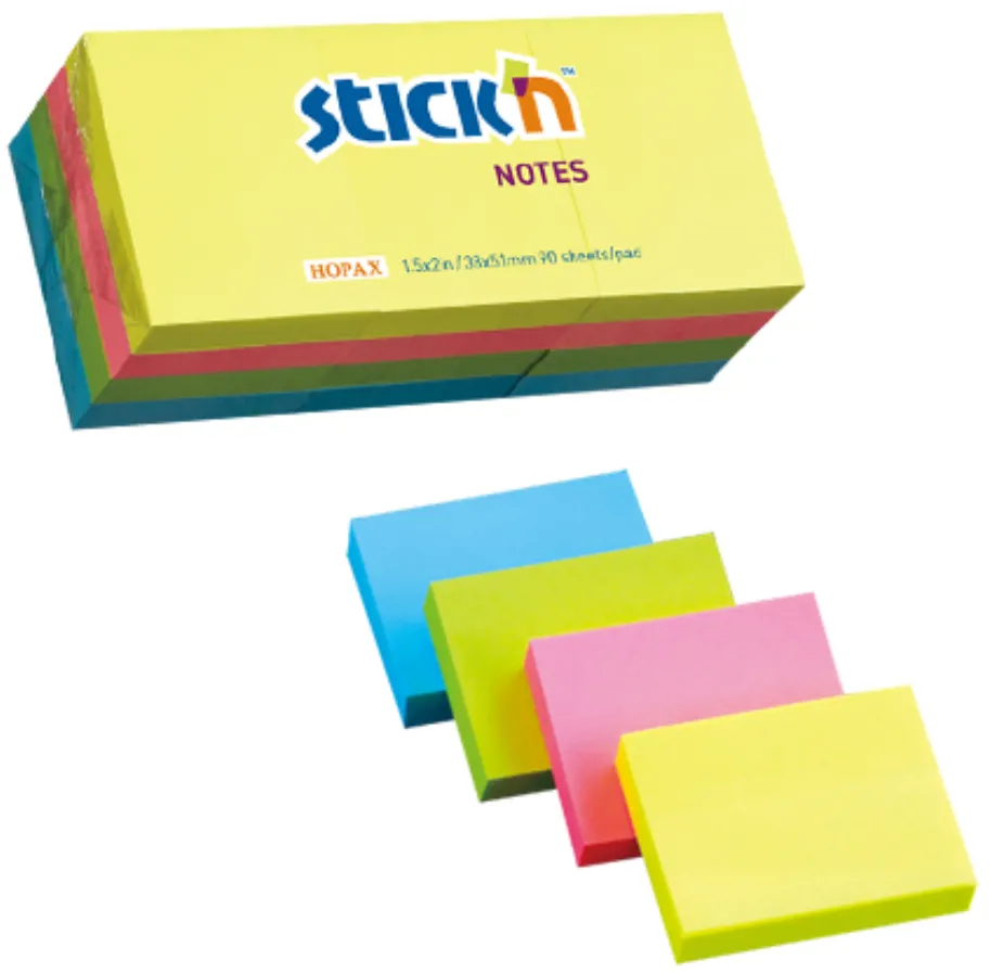 Hopax Notes autoadeziv 38 x 51 mm, 12 x 100 file/set, Stick"n - 4 culori fosforescente