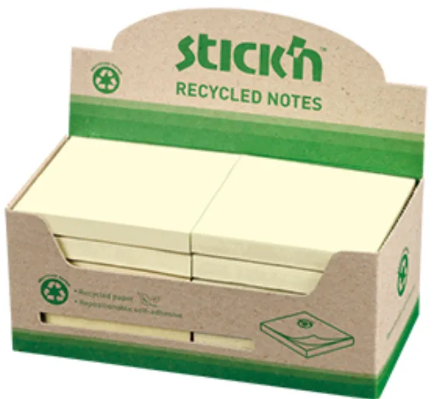 Hopax Notes autoadeziv 76 x 76 mm, hartie reciclata, 100 file, 12 buc/cutie, Stick"n – galben pastel