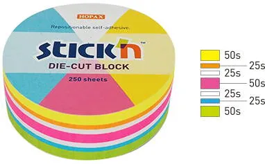 Hopax Notes autoadeziv Die-Cut - cerc, 67 x 67 mm, 250 file, Stick"n - 5 culori fluorescente