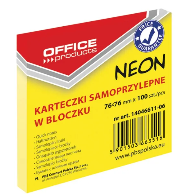 Office Products Notes autoadeziv 76 x 76 mm, 100buc/set, Office Products - galben neon