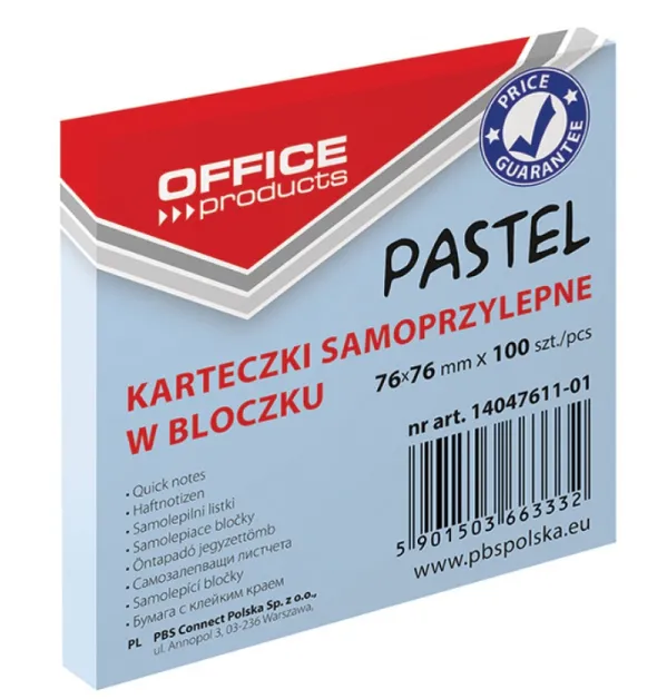 Office Products Notes autoadeziv 76 x 76 mm, 100buc/set, Office Products - albastru pastel