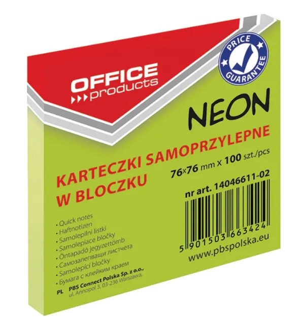 Office Products Notes autoadeziv 76 x 76 mm, 100buc/set, Office Products - verde neon