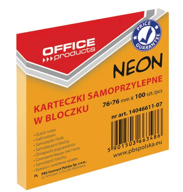 Office Products Notes autoadeziv 76 x 76 mm, 100buc/set, Office Products - orange neon