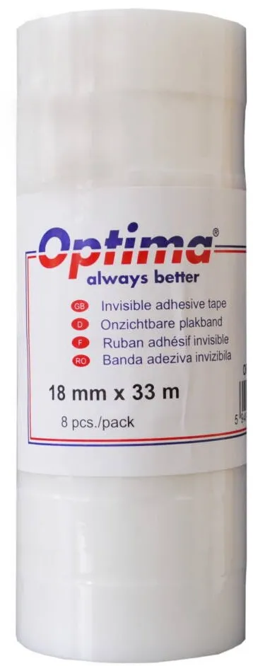 Optima Banda adeziva 18mm x 33 m, 50 microni, Optima - mata, invizibila la copiere - se rupe usor, cu mana