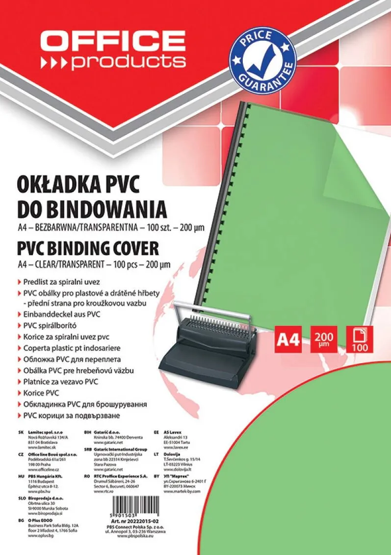Office Products Coperta plastic PVC, 200 microni, A4, 100/top Office Products - verde transparent