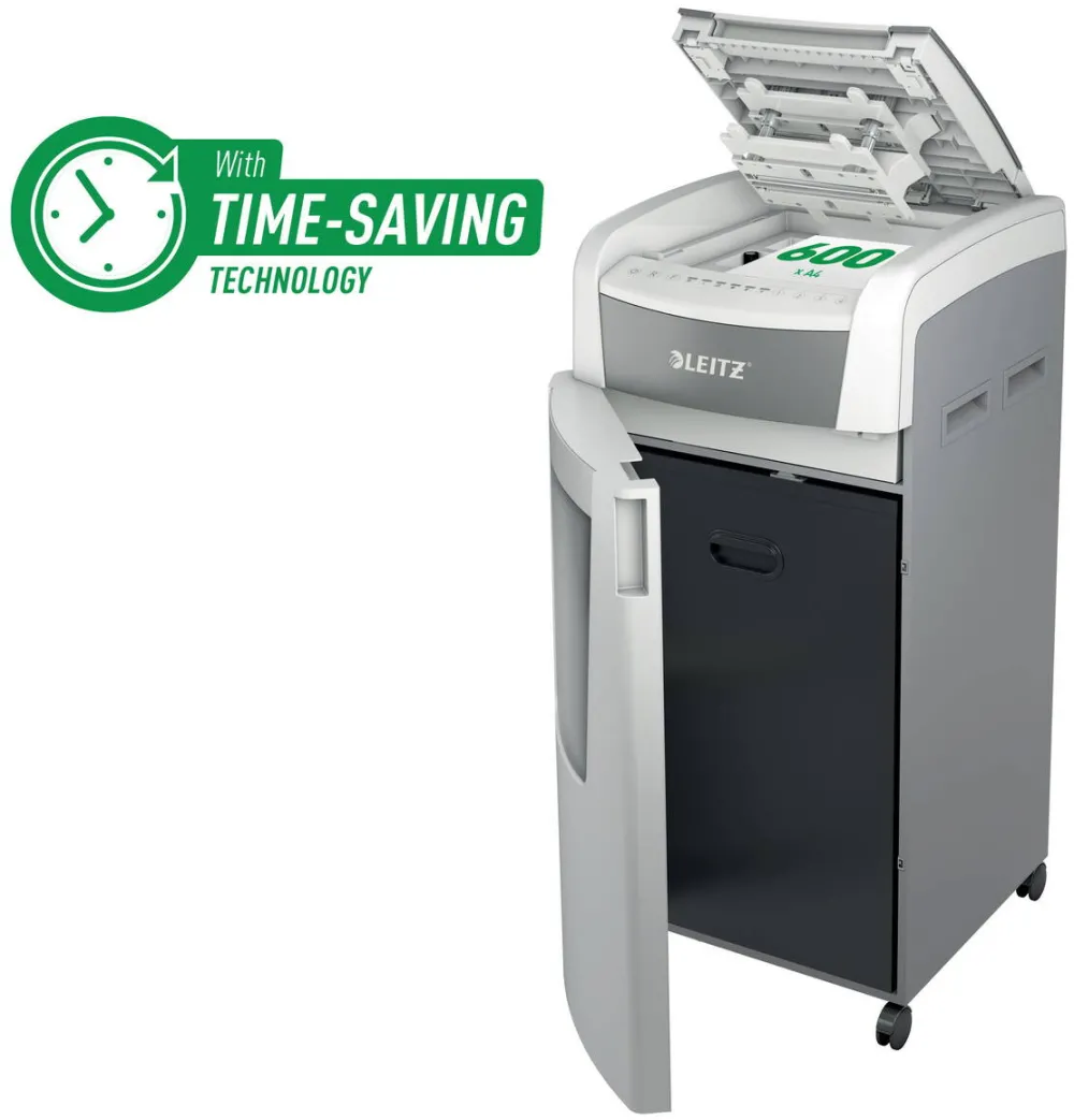 Leitz Distrugator documente automat LEITZ IQ Office, P4, cross-cut (confeti), 600coli, cos 110l, alb-gri