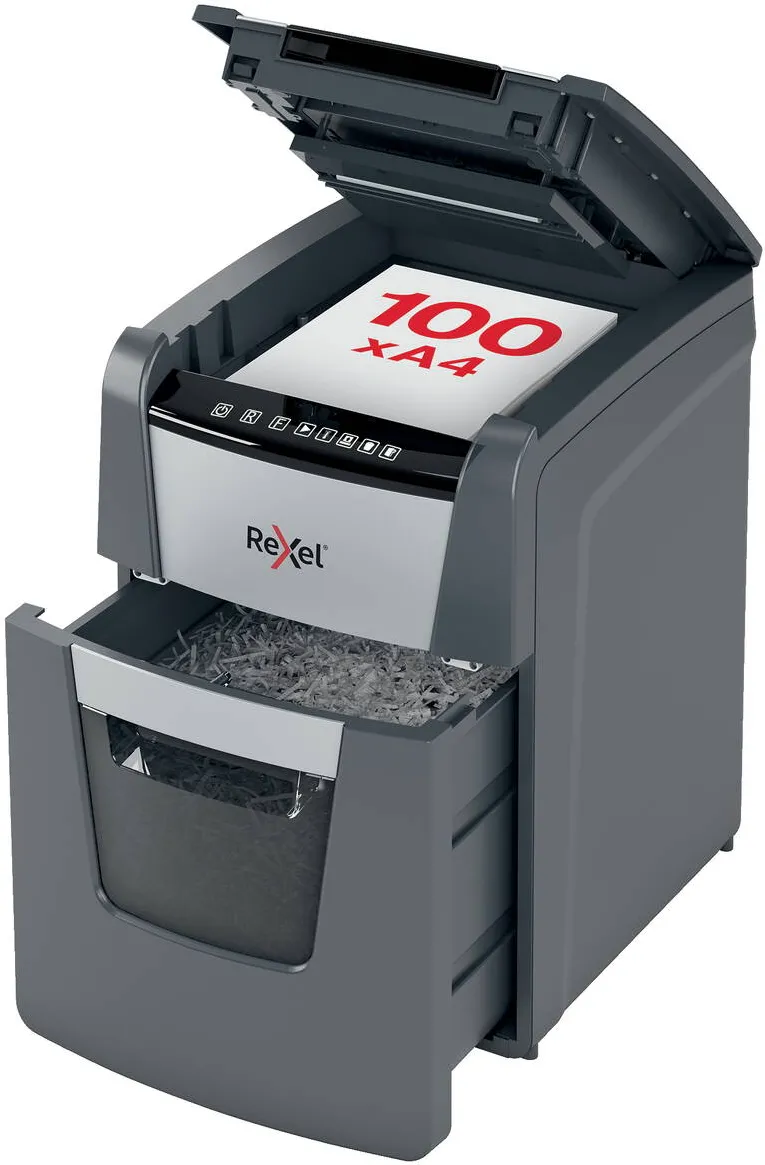Rexel Distrugator documente automat REXEL Optimum 100X, P4, cross-cut, 100 coli, cos 34l, negru-gri