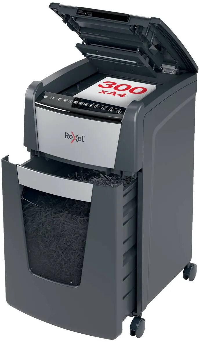 Rexel Distrugator documente automat REXEL Optimum 300M, P5, micro-cut, 300 coli, cos 60l, negru-gri