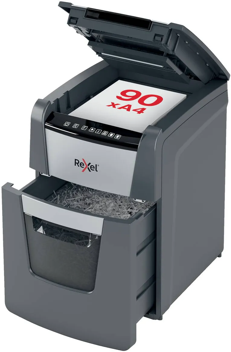 Rexel Distrugator documente automat REXEL Optimum 90X, P4, cross-cut(confeti), 90coli, cos 34l, negru-gri