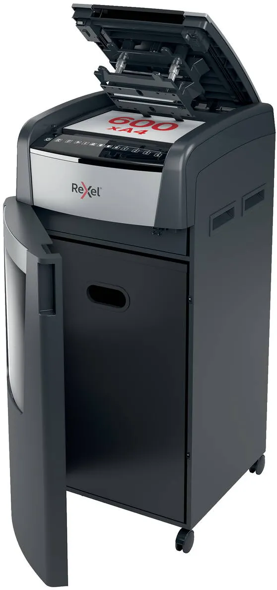 Rexel Distrugator documente automat REXEL Optimum 600M, P5, micro-cut, 600 coli, cos 110l, negru-gri