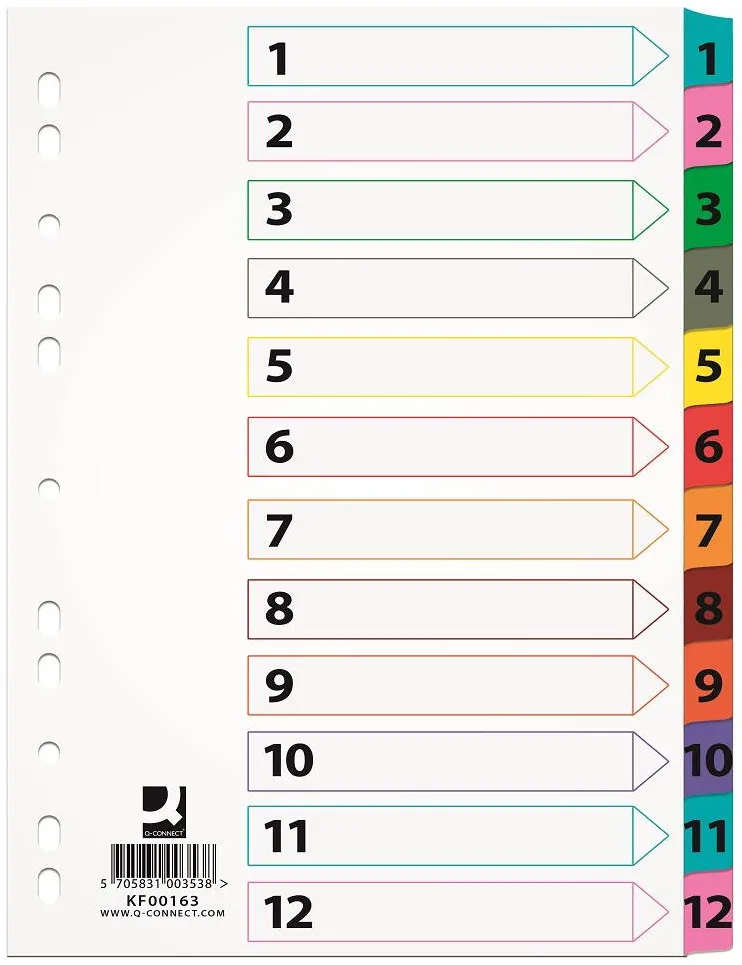 Q-CONNECT Index carton alb Mylar numeric 1-12, margine PP color, A4, 170g/mp, Q-Connect