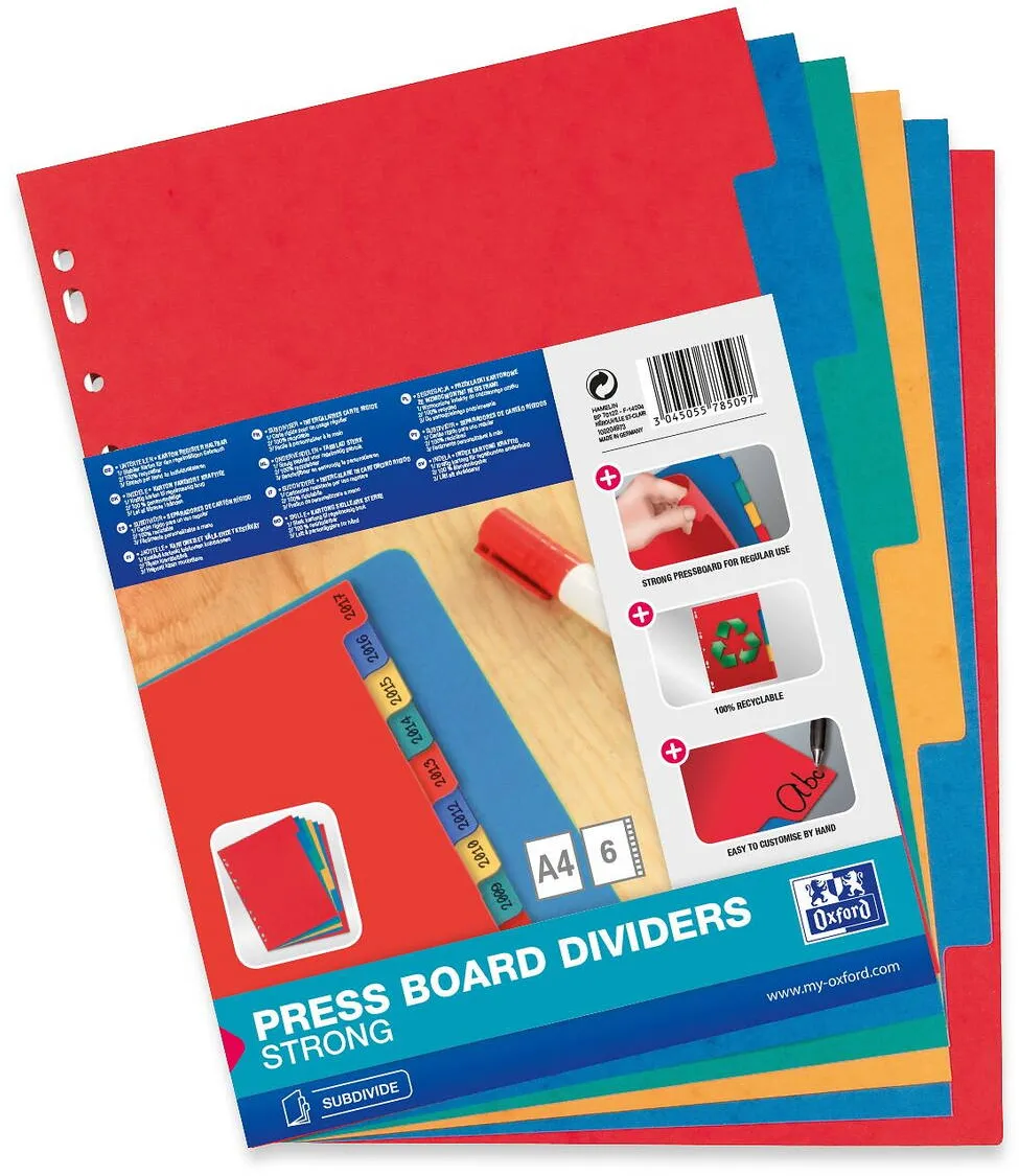 Oxford Separatoare carton color, A4, 180gsm, 6 culori/set, OXFORD