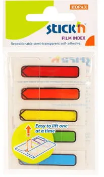 Hopax Stick index plastic transparent color 45 x 12 mm, 5 x 20 file/set, Stick"n - sageata - 5 culori neon