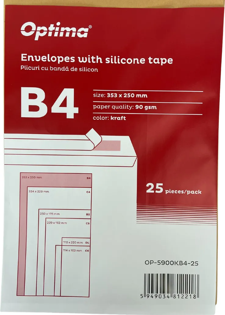 Plicuri Optima Plic B4 (353x250mm), lipire siliconica, 25 buc/set, Optima - kraft