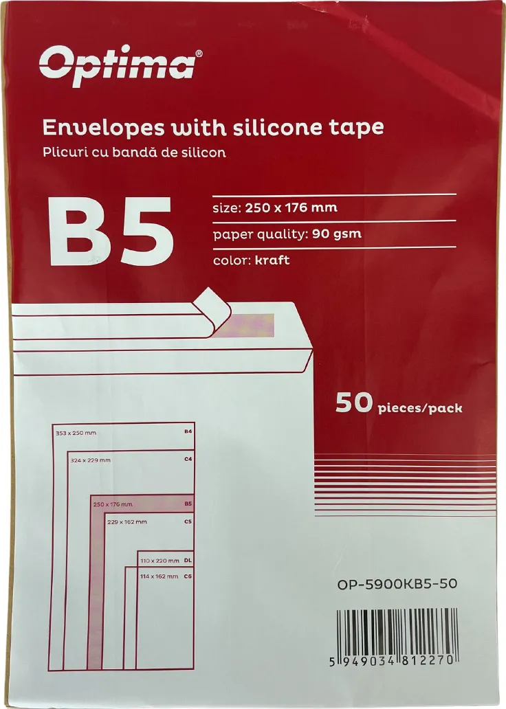 Plicuri Optima Plic B5 (250x176mm), lipire siliconica, 50 buc/set, Optima - kraft