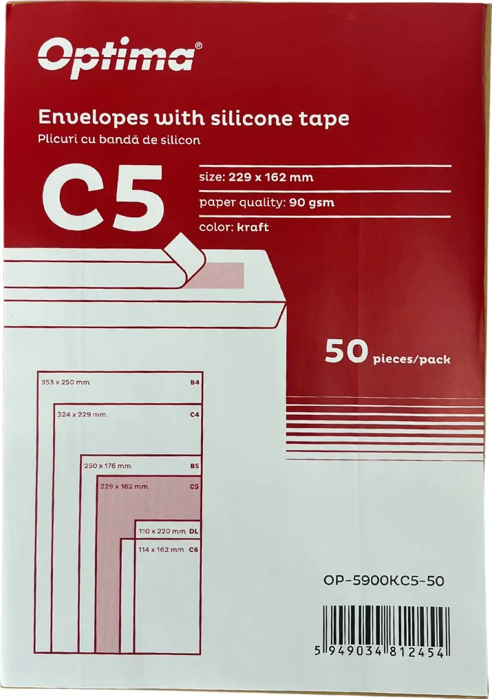 Plicuri Optima Plic C5 (229x162mm), lipire siliconica, 50 buc/set, Optima - kraft