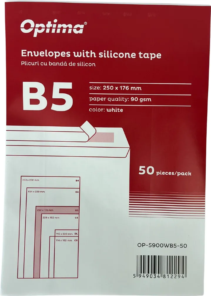 Plicuri Optima Plic B5 (250x176mm), lipire siliconica, 50 buc/set, Optima - alb