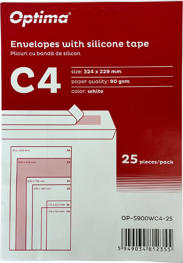 Plicuri Optima Plic C4 (324x229mm), lipire siliconica, 25 buc/set, Optima - alb