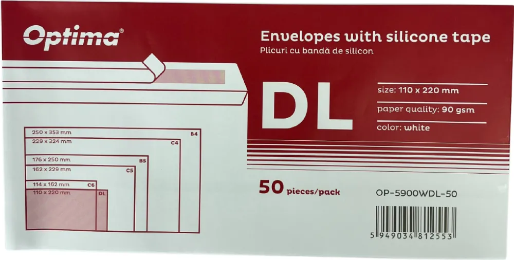 Plicuri Optima Plic DL (110x220mm), lipire siliconica, 50 buc/set, Optima - alb
