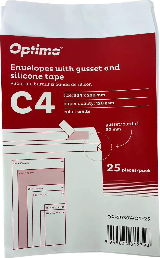 Plicuri Optima Plic C4 (324x229mm), cu burduf 30mm, lipire siliconica, 25 buc/set, Optima - alb
