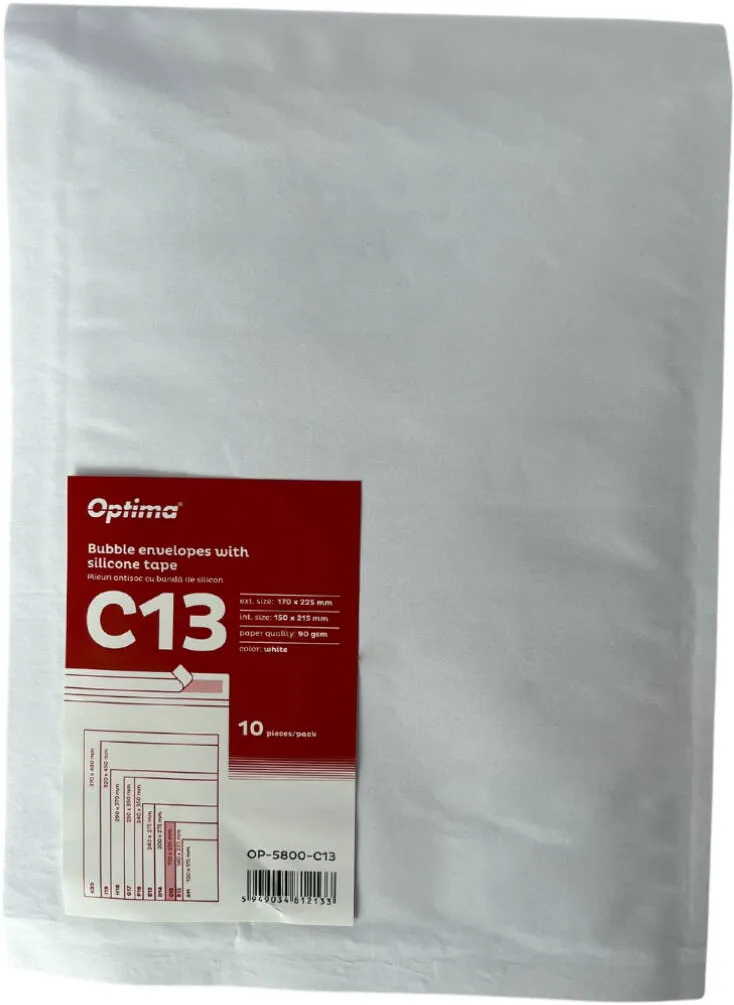Plicuri Optima Plic antisoc C13, 170x225mm - ext., 150x215mm - int., lipire siliconica, 10 buc/set, Optima - alb