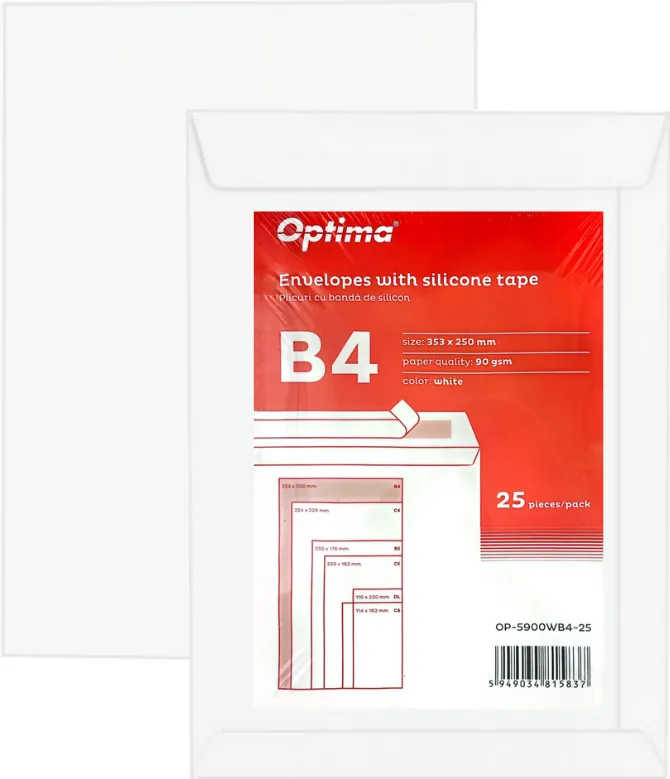 Plicuri Optima Plic B4 (353x250mm), lipire siliconica, 25 buc/set, Optima - alb