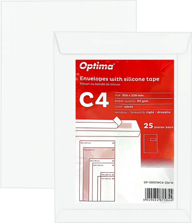 Plicuri Optima Plic C4 (324x229mm), lipire siliconica, 25 buc/set, Optima - alb - fereastra dreapta, 50x100mm