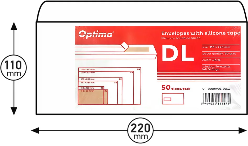 Plicuri Optima Plic DL (110x220mm), lipire siliconica, 50 buc/set, Optima - alb - fereastra stanga
