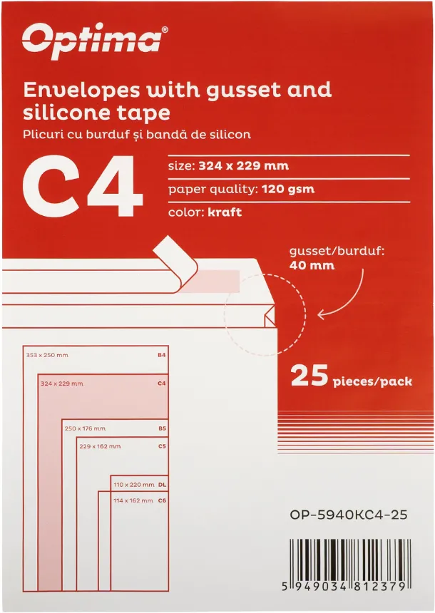 Plicuri Optima Plic C4 (324x229mm), cu burduf 40mm, lipire siliconica, 25 buc/set, Optima - kraft