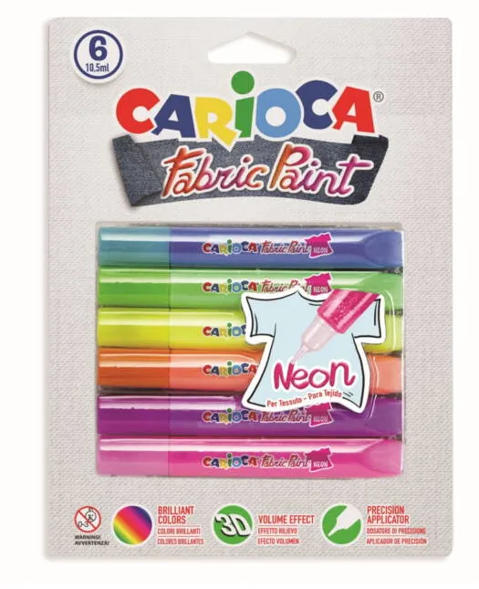 Carioca Vopsea pentru textile, rezistanta la spalare, 6 culori/blister, CARIOCA Fabric Paint - Neon