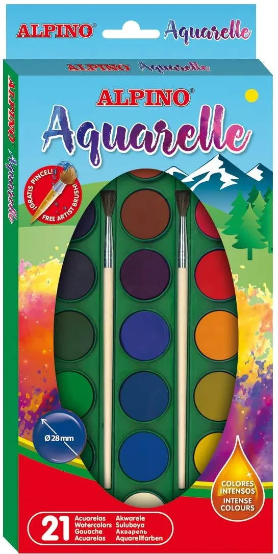 Alpino Acuarele 21 culori/cutie + 2 pensule gratis, Alpino
