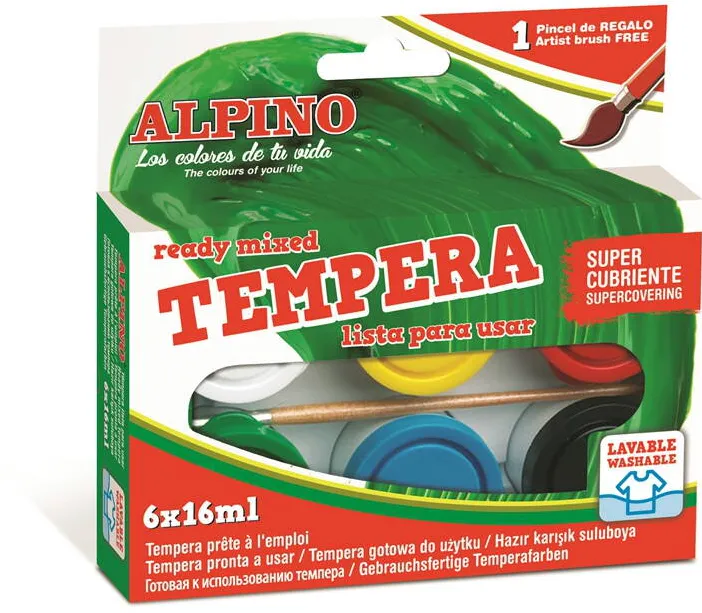 Alpino Tempera lavabila, 6 culori x 16ml/cutie + pensula gratis, Alpino