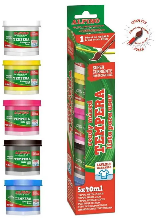Alpino Tempera lavabila, 5 culori x 40ml/cutie + pensula gratis, Alpino