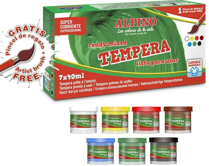 Alpino Tempera lavabila, 7 culori x 40ml/cutie + pensula gratis, Alpino