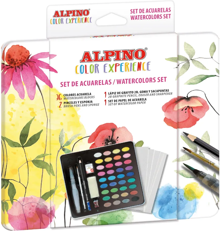 Alpino Acuarele 36 culori/cutie + pensula, burete, creion grafit, radiera, acutitoare, set hartie, ALPINO