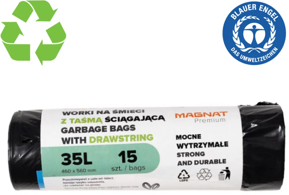 Resaco Saci plastic reciclat, standard, 35L, cu snur, 46x56cm, 25 microni, 15buc/rola, RESACO - negri