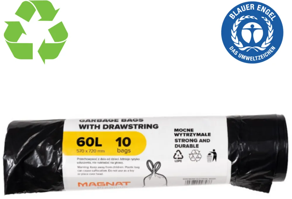 Resaco Saci plastic reciclat, standard, 60L, cu snur, 57x72cm, 25 microni, 10buc/rola, RESACO - negri