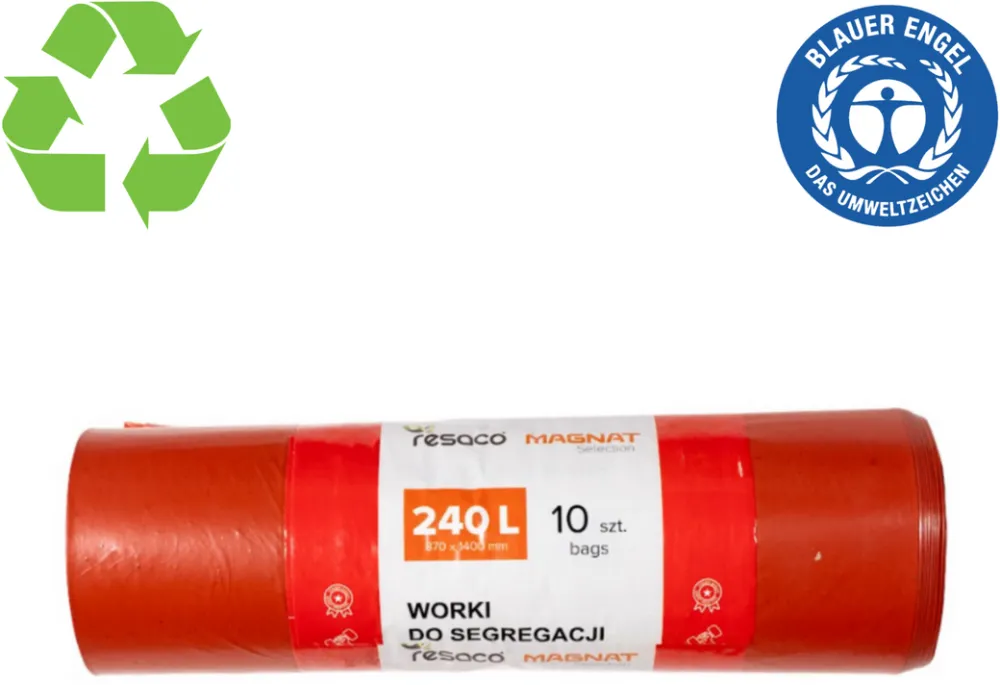 Resaco Saci plastic reciclat, standard, 240L, 87x140cm, 27 microni, 10buc/rola, RESACO - rosii